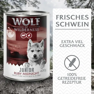 Wolf of Wilderness Junior Ruby Midnight, 400g Dose. Frisches Schwein, extra viel Geschmack, 100% getreidefreie Rezeptur mit Rind und Kaninchen.