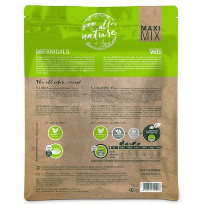 Опаковка Bunny all nature Botanicals Maxi Mix 400 г. Видими са таблица за хранене според теглото, икони за витамини и пълноценна храна, текст на немски и английски език.