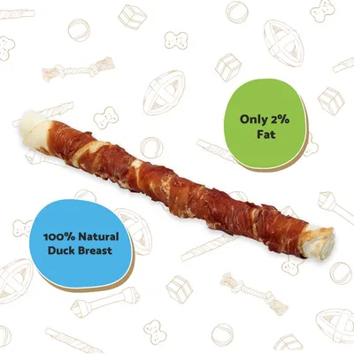 Chew stick made with 100% natural duck breast, only 2% fat, shown on a background with pet toy illustrations.