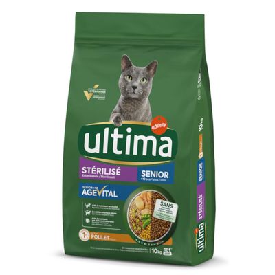Sac de croquettes Ultima Affinity pour chat stérilisé senior, AgeVital, poulet, 2,5 kg. Texte visible : Senior +10 ans, sans colorants ni conservateurs, conseils vétérinaires.