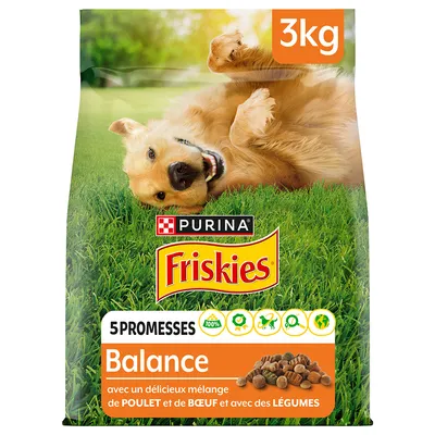 Purina Friskies Balance Trockenfutter, 3kg, mit Huhn, Rind und Gemüse. Verspricht 100% ausgewogene Ernährung mit fünf Qualitätsversprechen.