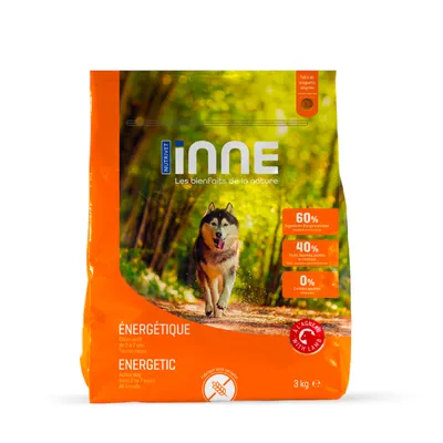 Nutrivet Inne Énergétique, 3 kg, pentru câini activi de 2-7 ani, 60% ingrediente animale, 40% fructe, legume, plante, 0% cereale. Conține miel.
