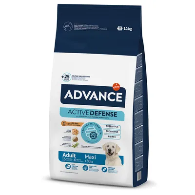 Advance Active Defense krmivo pro dospělé psy velkých plemen od 30 kg, s kuřetem, prebiotiky, probiotiky a vlákninou. Velikost balení: 14 kg.