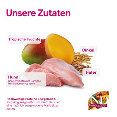 Unsere Zutaten: Tropische Früchte, Dinkel, Hafer, Huhn ohne Antibiotika und Hormone aus Italien. Hochwertige Proteine und Urgetreide für eine ausgewogene Mahlzeit.