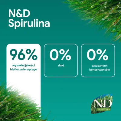 N&D Spirulina: 96% wysokiej jakości białko zwierzęce, 0% zboż, 0% sztucznych konserwantów.