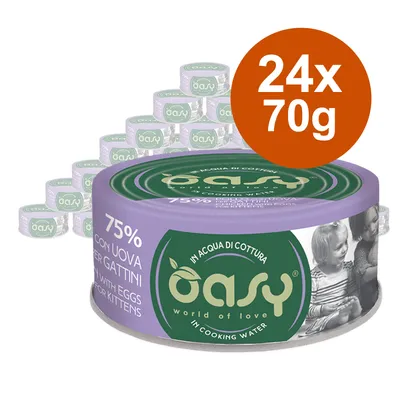 Oasy cibo umido per gattini, 75% con uovo, in acqua di cottura. Confezione: 24 lattine da 70g. Oasy cibo umido per gattini, 75% con uovo, in acqua di cottura. Confezione: 24 lattine da 70g.