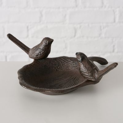 Decorative bowl made of brown metal with two bird figures on the rim, suitable for indoor or outdoor decoration.