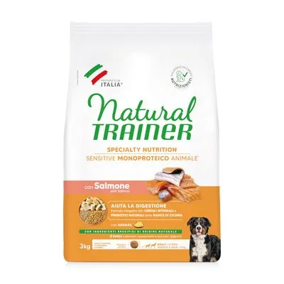 Zak Natural Trainer hondenvoer, Specialty Nutrition Sensitive Monoproteico Animale, met zalm, 3 kg. Tekst: Aiuta la digestione, con ingredienti naturali. Hond en zalm afgebeeld op verpakking.