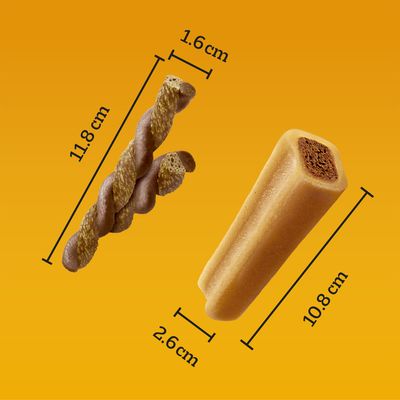 Two chew snacks with measurements: stick 11,8 x 1,6 cm and triangular snack 10,8 x 2,6 cm.