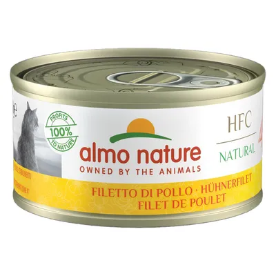 Almo Nature HFC Natural, chicken fillet in can, 100% profits to nature, suitable for cats. Text on packaging: Filetto di Pollo, Hühnerfilet, Filet de Poulet. Almo Nature HFC Natural, chicken fillet in can, 100% profits to nature, suitable for cats. Text on packaging: Filetto di Pollo, Hühnerfilet, Filet de Poulet.