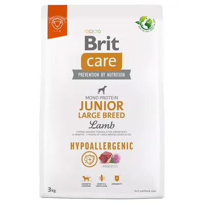 Brit Care Junior Large Breed Lamb, hypoallergeen hondenvoer, mono proteïne, voor grote rassen, 3 kg. Tekst: prevention by nutrition, growth control, joints & cartilage, immunity.