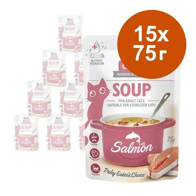 Brit Care Soup for Adult Cats with Salmon, 15×75 г. Видими надписи: Suitable for sterilized cats, Ultimate Hydration, Catnip, Probiotics, Taurine, Picky Eater's Choice. Brit Care Soup for Adult Cats with Salmon, 15×75 г. Видими надписи: Suitable for sterilized cats, Ultimate Hydration, Catnip, Probiotics, Taurine, Picky Eater's Choice.