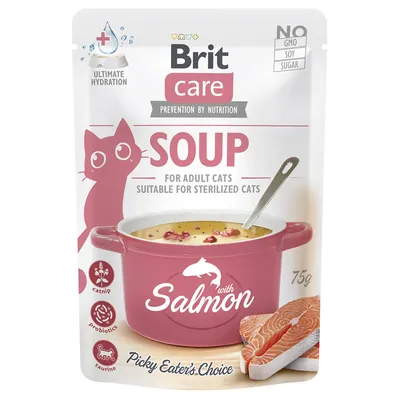 Brit Care zuppa con salmone, adatta per gatti adulti sterilizzati. Contiene catnip, probiotici e taurina. Senza OGM, soia e zucchero. Confezione: 75g.