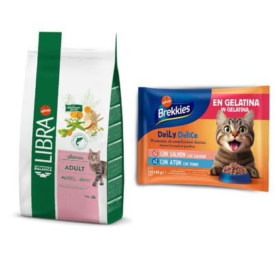 Sac de croquettes pour chat adulte Libra Mediterranean Balance au saumon, 3 kg. Texte visible : Digestive wellbeing, 32% protein, no artificial flavours, colours. Image d’un chat et ingrédients.