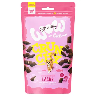 WOW Cat Crunchy Snacks, хрупкави възглавнички с сьомга, произведени в Германия, естествено вкусни, 2 ккал на снак.