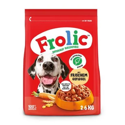 Frolic hondenvoer, 2,6 kg zak. Tekst: 'Mit frischem Geflügel', '100% complete', 'Mit natürlichen Zutaten'. Afbeelding van een Dalmatier en voer in een kom. Frolic hondenvoer, 2,6 kg zak. Tekst: 'Mit frischem Geflügel', '100% complete', 'Mit natürlichen Zutaten'. Afbeelding van een Dalmatier en voer in een kom.