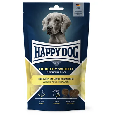 Opakowanie Happy Dog Healthy Weight Functional Snack, widoczny pies, napisy: supports weight management, low fat, L-carnitine, soft snacks. Tekst w języku niemieckim i angielskim.