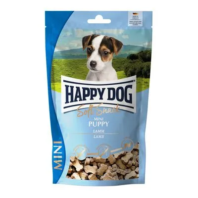 Verpakking Happy Dog Soft Snack Mini Puppy Lamm. Zichtbare brokjes onderaan, merknaam en productnaam duidelijk leesbaar op de voorkant. Verpakking Happy Dog Soft Snack Mini Puppy Lamm. Zichtbare brokjes onderaan, merknaam en productnaam duidelijk leesbaar op de voorkant.