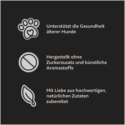 Unterstützt die Gesundheit älterer Hunde. Hergestellt ohne Zuckerzusatz und künstliche Aromastoffe. Mit Liebe aus hochwertigen, natürlichen Zutaten zubereitet.