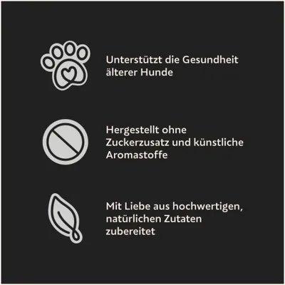 Unterstützt die Gesundheit älterer Hunde. Hergestellt ohne Zuckerzusatz und künstliche Aromastoffe. Mit Liebe aus hochwertigen, natürlichen Zutaten zubereitet. Unterstützt die Gesundheit älterer Hunde. Hergestellt ohne Zuckerzusatz und künstliche Aromastoffe. Mit Liebe aus hochwertigen, natürlichen Zutaten zubereitet.