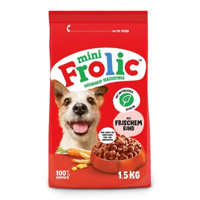 Emballage de croquettes pour chien mini Frolic, 1,5 kg, texte en allemand : mit frischem Rind, mit natürlichen Zutaten, 100% complete, sans colorants ni arômes artificiels visibles.