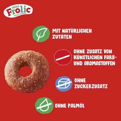Mini Frolic. Z naravnimi sestavinami, brez dodanih umetnih barvil in arom, brez dodanega sladkorja, brez palmovega olja.