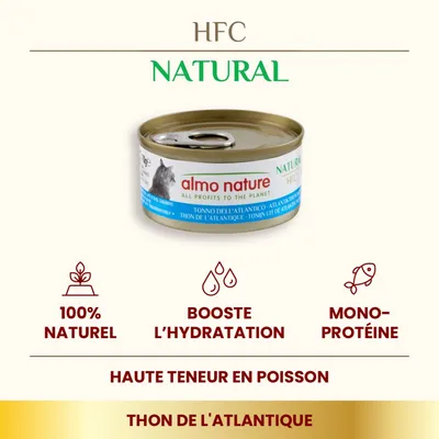 almo nature HFC Natural, thon de l’Atlantique. 100 % naturel, booste l’hydratation, mono-protéine, haute teneur en poisson. Texte en anglais et italien également visible.