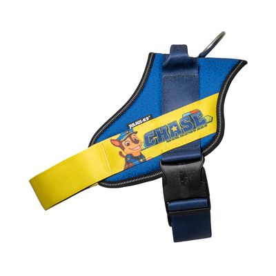 Julius-K9 pettorina blu con fascia gialla e motivo Paw Patrol di Chase. Cinturino regolabile e chiusura a scatto visibili.