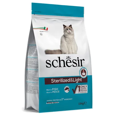 Schesir Sterilized & Light корм для кошек, богат рыбой, 1,5 кг, с низким содержанием жира, животный белок на первом месте, легкоусвояемый, итальянский продукт.