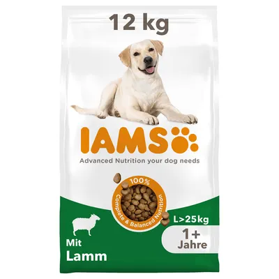 IAMS krmivo pro psy s jehněčím, 12 kg, pro psy od 1 roku a nad 25 kg. 100% kompletní a vyvážená výživa.