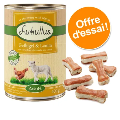 Boîte Lukullus Geflügel & Lamm 400 g avec image de poule et agneau, friandises en forme d’os à côté, pastille orange « Offre d’essai ! » visible. Boîte Lukullus Geflügel & Lamm 400 g avec image de poule et agneau, friandises en forme d’os à côté, pastille orange « Offre d’essai ! » visible.