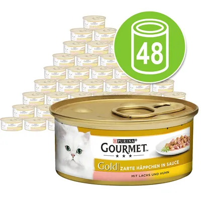 Pack de 48 latas Purina Gourmet Gold Zarte Häppchen in Sauce mit Lachs und Huhn, imagen de lata con gato blanco y trozos de comida en salsa.