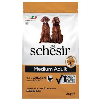 Schesir Medium Adult, bogat în pui, 3 kg. Proteină animală ca prim ingredient, ușor digerabil, cu biotină. Produs italian. Schesir Medium Adult, bogat în pui, 3 kg. Proteină animală ca prim ingredient, ușor digerabil, cu biotină. Produs italian.