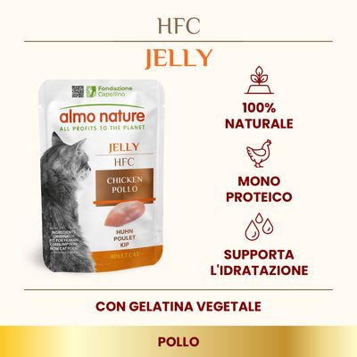 Almo Nature HFC Jelly Tonno con sogliola, confezione da 24 buste da 55 g ciascuna per gatto adulto. Etichetta: 100% naturale, immagine di un gatto e pezzi di pesce visibili.