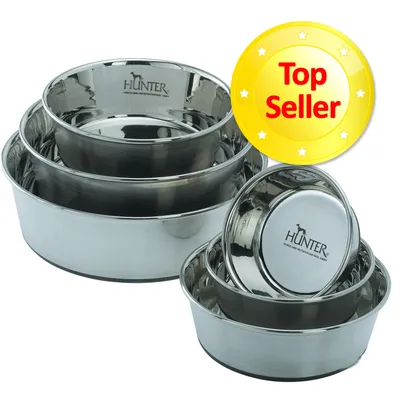 Mehrere Edelstahlnäpfe mit HUNTER-Logo, gelbes Abzeichen mit roter Aufschrift 'Top Seller' oben rechts im Bild. Mehrere Edelstahlnäpfe mit HUNTER-Logo, gelbes Abzeichen mit roter Aufschrift 'Top Seller' oben rechts im Bild.