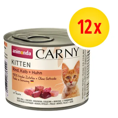 animonda Carny Kitten Rind, Kalb + Huhn, 100% frische Zutaten, Ohne Getreide, Made in Germany, 12 x puszka, wołowina, cielęcina, kurczak, zdjęcie kota na etykiecie animonda Carny Kitten Rind, Kalb + Huhn, 100% frische Zutaten, Ohne Getreide, Made in Germany, 12 x puszka, wołowina, cielęcina, kurczak, zdjęcie kota na etykiecie