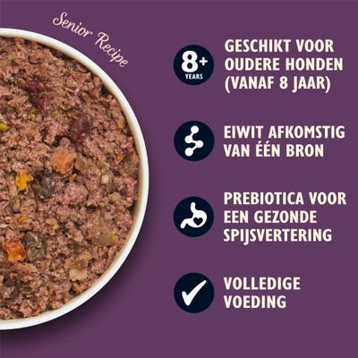 Senior Recipe natvoer, geschikt voor oudere honden vanaf 8 jaar, eiwit uit één bron, prebiotica voor gezonde spijsvertering, volledige voeding. Tekst in beeld.