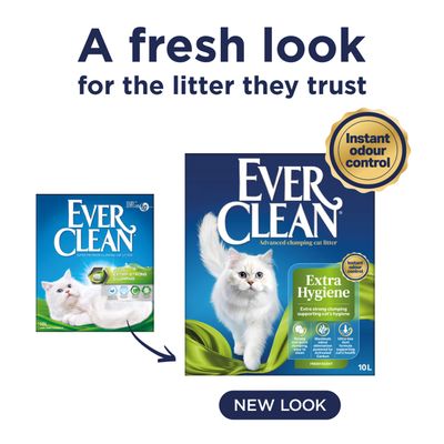 Ever Clean Extra Hygiene котешка тоалетна с нов дизайн на опаковката, 10 л, незабавен контрол на миризмите, свеж аромат, подпомага здравето на котката.