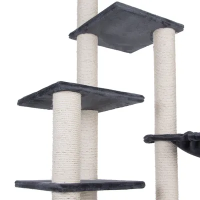 Cat tree with multiple levels made of grey fabric and sisal-wrapped posts, suitable for cats to climb and scratch. Cat tree with multiple levels made of grey fabric and sisal-wrapped posts, suitable for cats to climb and scratch.