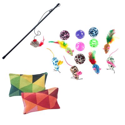 Lot de jouets pour chat : canne à souris grise avec plume rouge, deux coussins colorés, six balles et six petites souris multicolores, pastille rouge avec symbole pourcentage blanc.