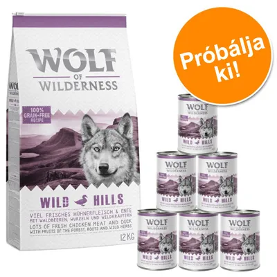 Wolf of Wilderness Wild Hills 12 kg száraz táp és 6 konzerv. Lila-fehér csomagolás, felirat: 100% grain-free recipe, Próbálja ki! narancssárga körben.