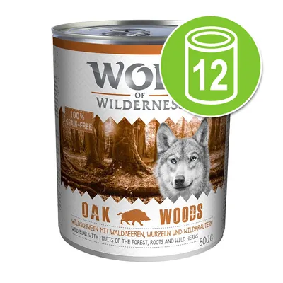 Wolf of Wilderness Oak Woods, 100% grain-free, wild zwijn met bosvruchten, wortels en wilde kruiden, 800g. Pictogram: 12 blikken.