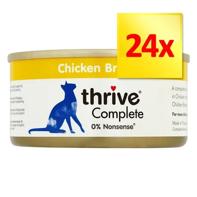 thrive Complete 0% Nonsense, Chicken Breast, opakowanie 24x. Widoczny niebieski kot i żółty napis 24x na puszce.