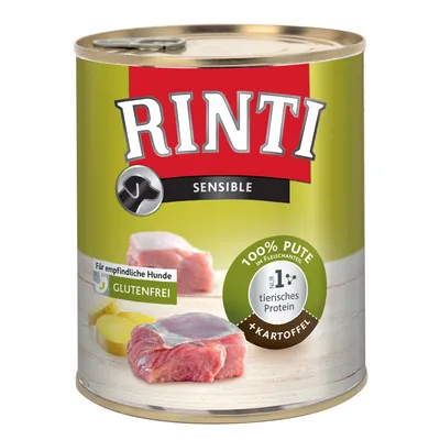 Konzerva Rinti Sensible, 100% Pute im Fleischanteil, glutenfrei, pro citlivé psy, pouze 1 druh živočišného proteinu, s bramborem. Text v němčině.