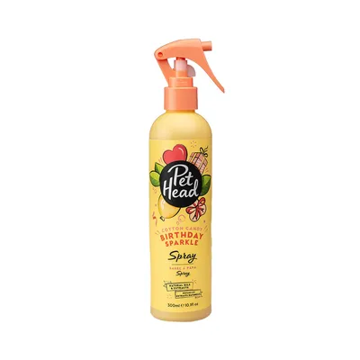 Flacon spray Pet Head Cotton Candy Birthday Sparkle, 300 ml. Texte visible : huiles naturelles, extraits végétaux, parfum barbe à papa.
