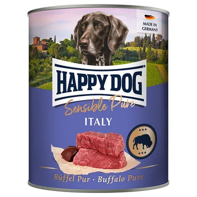 Happy Dog Sensible Pure Italy, Büffel Pur. Vyrobeno v Německu. Mokré krmivo s buvolím masem, zobrazení kousků masa a krajiny v pozadí.