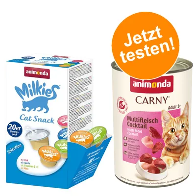 animonda Kombi-Paket: 12 x 400 g Carny Adult + 20 x 15 g Milkies Selection - Pute & Hühnchenleber + Milkies Snack (4 Sorten)