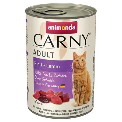 Animonda Carny Adult nöt + lamm, 100 % färska ingredienser, utan spannmål, tillverkad i Tyskland. Burk med bild av köttbitar och katt.
