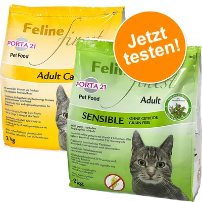 Zwei Packungen Porta 21 Feline Finest Katzenfutter: Adult Cat und Adult Sensible ohne Getreide, jeweils 2 kg. Orange Kreis mit Text: Jetzt testen!
