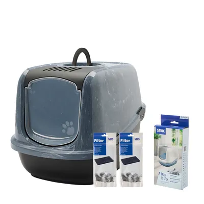 Savic Nestor Jumbo Marble kattlåda - Startset: toalett svart marmor + 2 extra filter + 6 Bag It Up